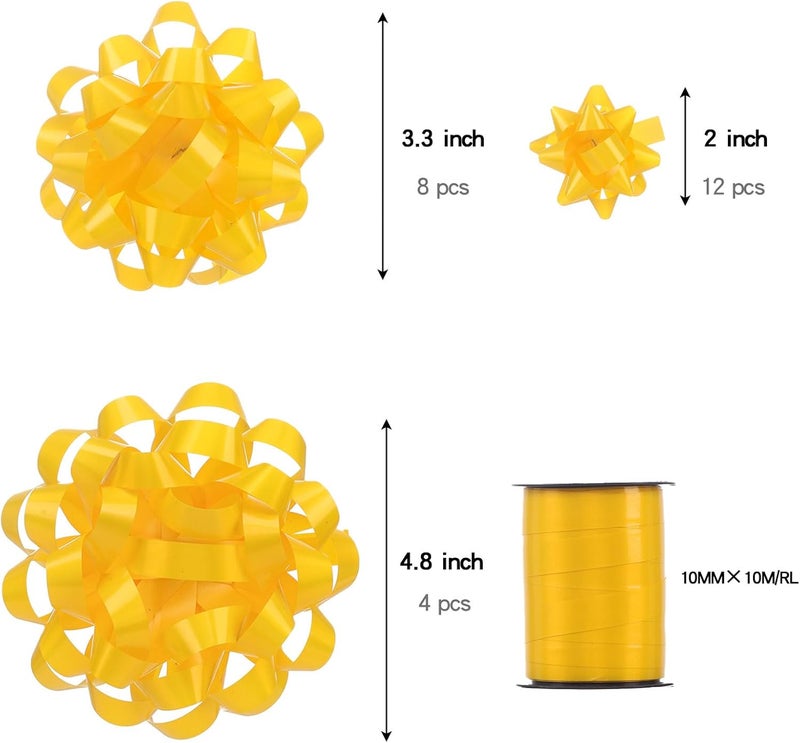 FORBINBO 25 Pcs Gift Bows Assortment - 3 Size Gift Bowsand 1 Crimped Curling Ribbons, Perfect for Christmas, Holiday，Birthdays, Weddings, Baby/Bridal Showers, Party (Yellow) - Image 2